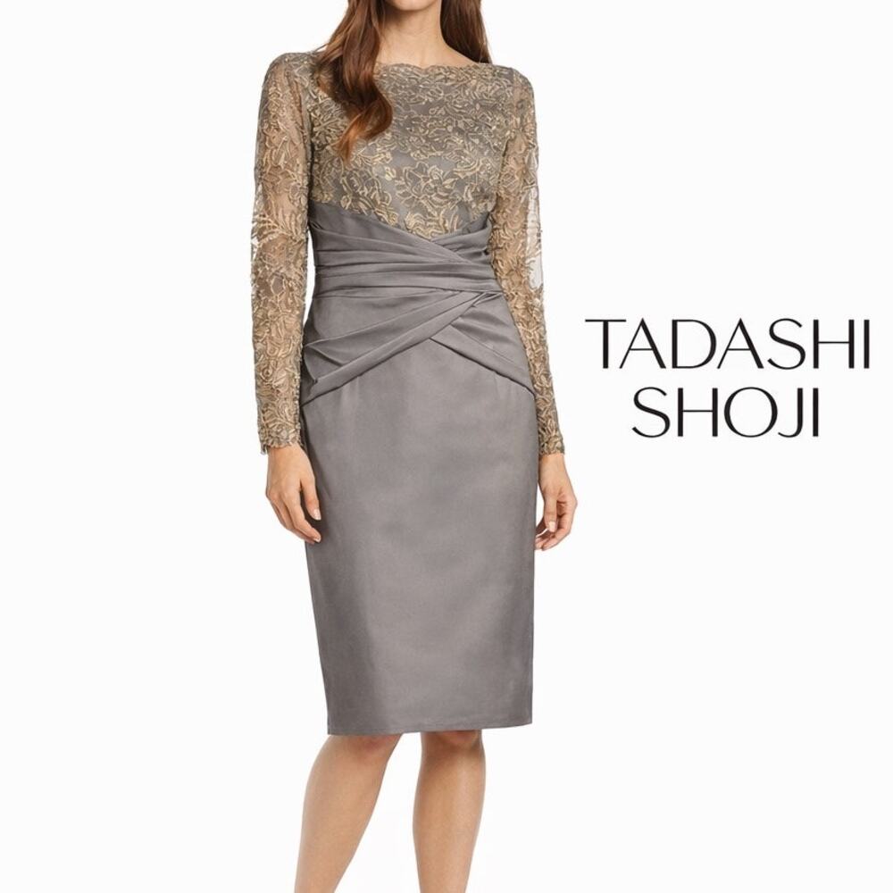 Tadashi Shoji Dex Embroidered Taffeta Long Sleeve Dress